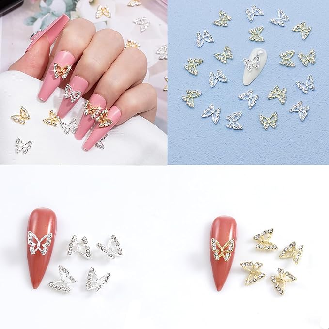 10pcs/bag Butterfly Shaped Nail Rhinestone Star Flower Nail Charm Silver Gold Alloy Nail Pearl Jewelry Accessories Nail Supplies